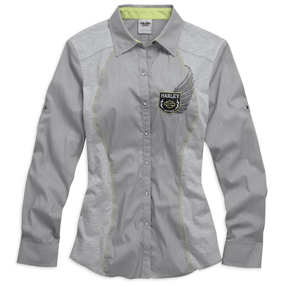 Harley-Davidson Ribbon Detail Knit and Woven Stripe Long Sleeve Shirt - XS - Picture 1 of 11